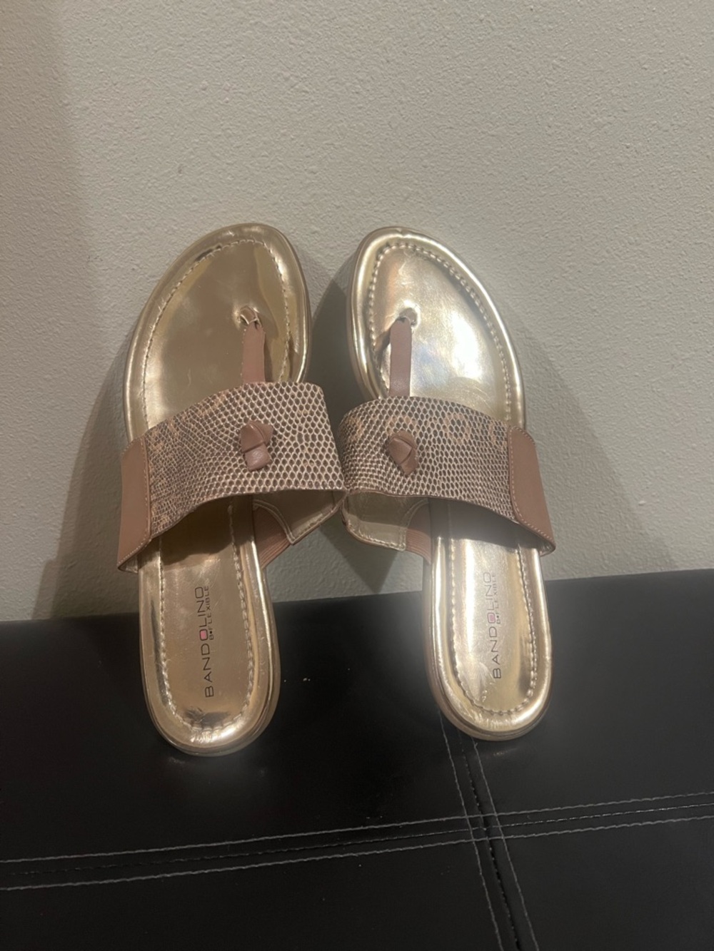 Bandolino Gold Metallic Slide Sandals with Taupe fauxSnakeskin Strap.
